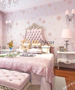 Giấy dán tường hoa bồ công anh và lông chim 3D285 màu hồng phòng ngủ