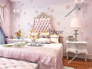 Giấy dán tường hoa bồ công anh và lông chim 3D285 màu hồng phòng ngủ
