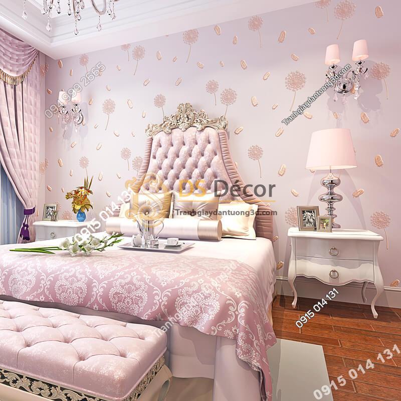 Giấy dán tường hoa bồ công anh và lông chim 3D285 màu hồng phòng ngủ