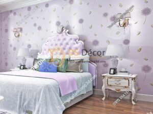 Giấy dán tường hoa bồ công anh và lông chim 3D285 màu tím phòng ngủ