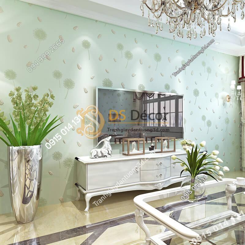 Giấy dán tường hoa bồ công anh và lông chim 3D285 màu xanh phòng khách