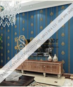 Giấy dán tường hoa châu âu sang trọng 3D288 màu xanh phòng khách kiểu sọc