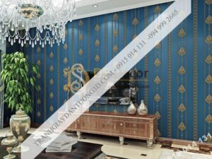 Giấy dán tường hoa châu âu sang trọng 3D288 màu xanh phòng khách kiểu sọc