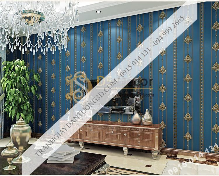 Giấy dán tường hoa châu âu sang trọng 3D288 màu xanh phòng khách kiểu sọc