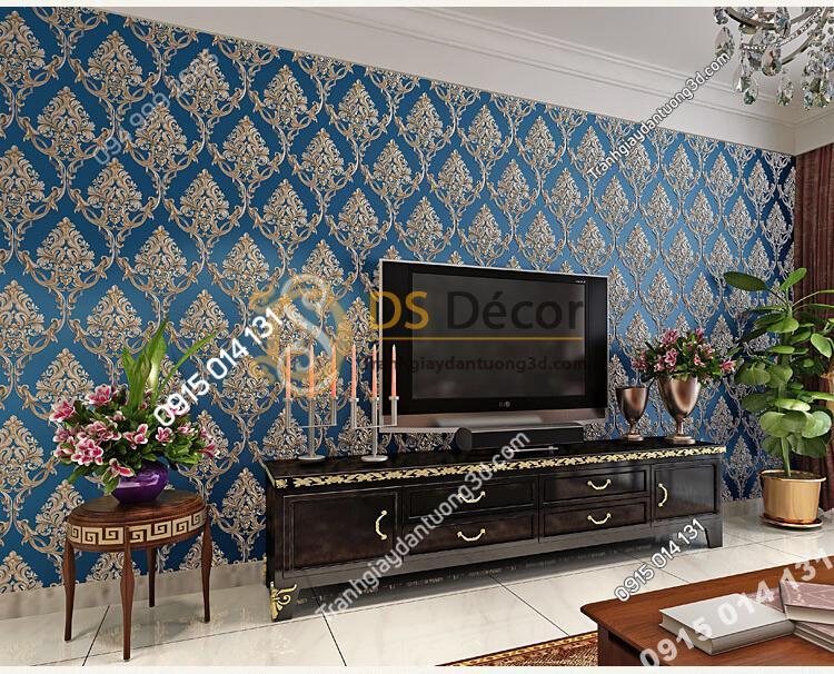Giấy dán tường hoa châu âu sang trọng 3D288 màu xanh phòng khách