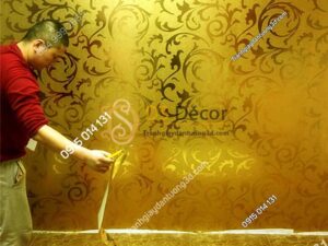 Giấy dán tường hoa lá cách điệu màu vàng óng 3D296