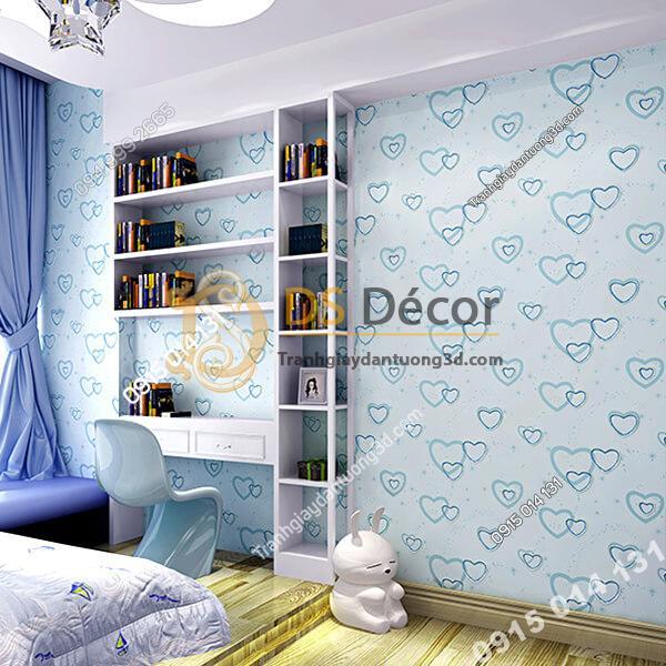 Giấy dán tường trái tim lãng mạn 3D286 màu xanh phòng học làm việc