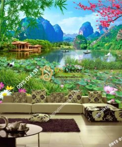 Tranh dán tường phong cảnh sơn thủy ao sen 5D009