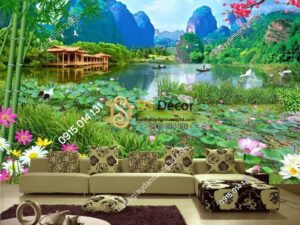 Tranh dán tường phong cảnh sơn thủy ao sen 5D009