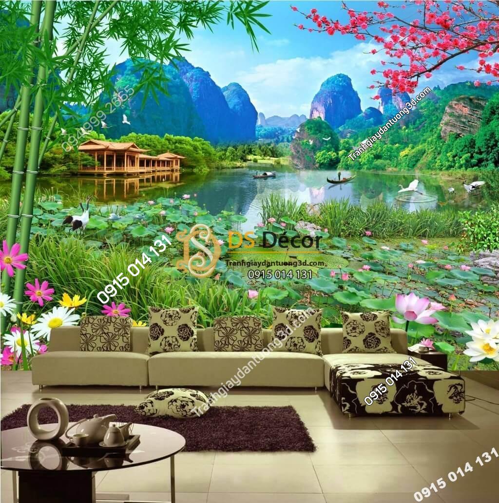 Tranh dán tường phong cảnh sơn thủy ao sen 5D009