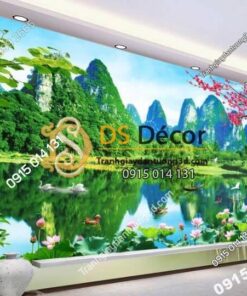 Tranh 3D dán tường sơn thủy hữu tình phòng khách - 5D003