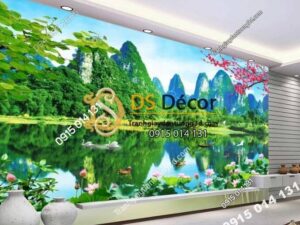 Tranh 3D dán tường sơn thủy hữu tình phòng khách - 5D003