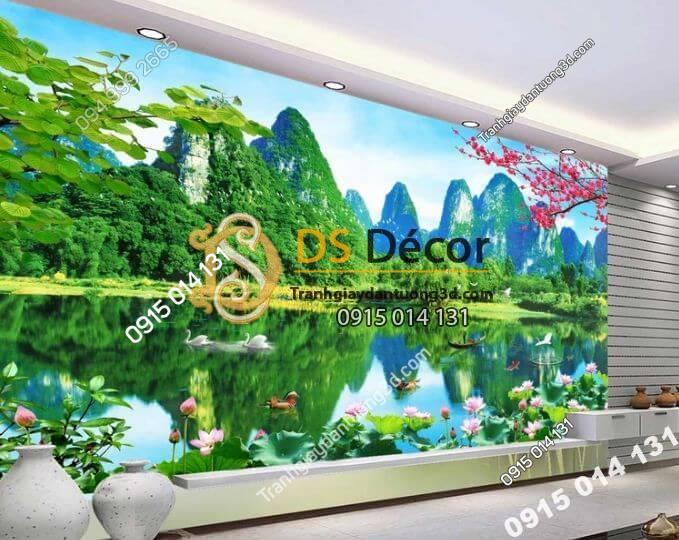 Tranh 3D dán tường sơn thủy hữu tình phòng khách - 5D003
