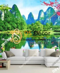 Tranh 3D dán tường sơn thủy hữu tình trang trí phòng khách - 5D003
