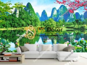 Tranh 3D dán tường sơn thủy hữu tình trang trí phòng khách - 5D003