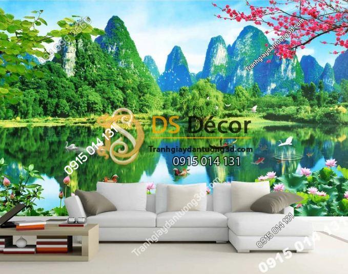 Tranh 3D dán tường sơn thủy hữu tình trang trí phòng khách - 5D003