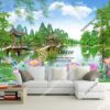 Tranh dán tường 3D - Tranh phong cảnh cây cầu ao sen phòng khách 5D014