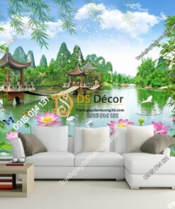 Tranh dán tường 3D - Tranh phong cảnh cây cầu ao sen phòng khách 5D014