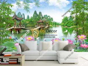 Tranh dán tường 3D - Tranh phong cảnh cây cầu ao sen phòng khách 5D014