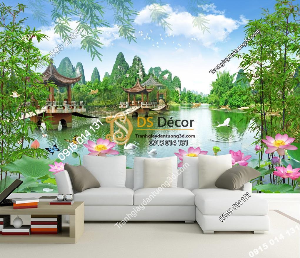 Tranh dán tường 3D - Tranh phong cảnh cây cầu ao sen phòng khách 5D014