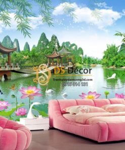 Tranh dán tường 3D - Tranh phong cảnh cây cầu ao sen phòng ngủ 5D014