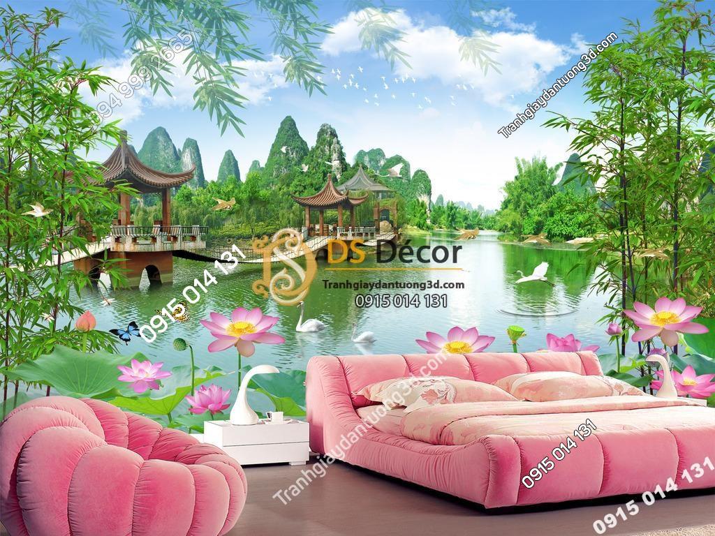 Tranh dán tường 3D - Tranh phong cảnh cây cầu ao sen phòng ngủ 5D014