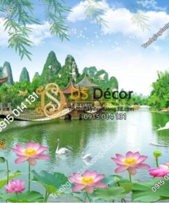 Tranh dán tường 3D - Tranh phong cảnh cây cầu ao sen 5D014