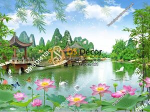Tranh dán tường 3D - Tranh phong cảnh cây cầu ao sen 5D014