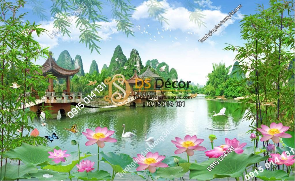Tranh dán tường 3D - Tranh phong cảnh cây cầu ao sen 5D014
