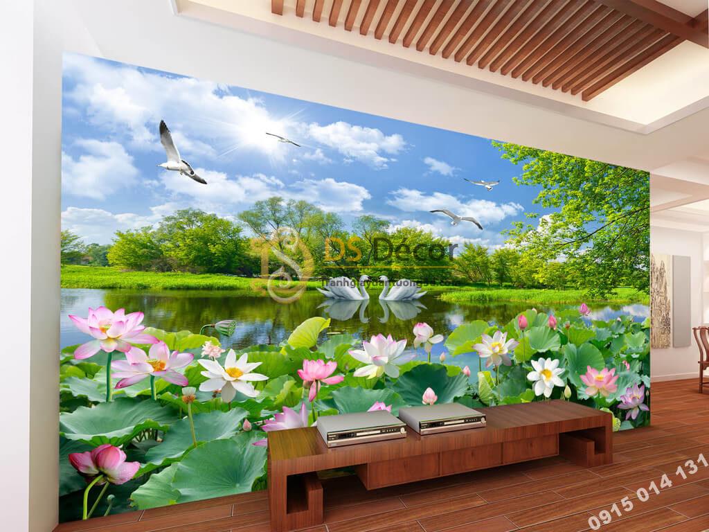 Tranh phong cảnh ao sen sơn thủy hữu tình dán phòng khách 5D012
