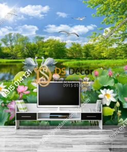 Tranh phong cảnh ao sen sơn thủy hữu tình dán sau tivi phòng khách 5D012