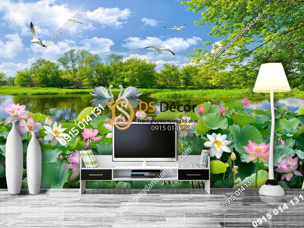 Tranh phong cảnh ao sen sơn thủy hữu tình dán sau tivi phòng khách 5D012