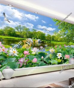 Tranh phong cảnh ao sen sơn thủy hữu tình dán phòng khách 5D012