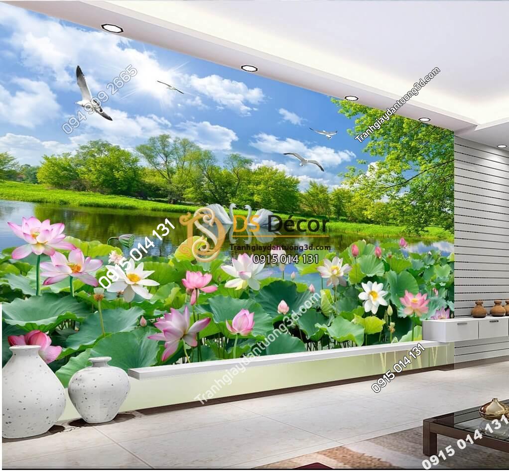Tranh phong cảnh ao sen sơn thủy hữu tình dán phòng khách 5D012