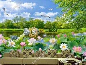 Tranh dán tường phong cảnh ao sen - 5D012