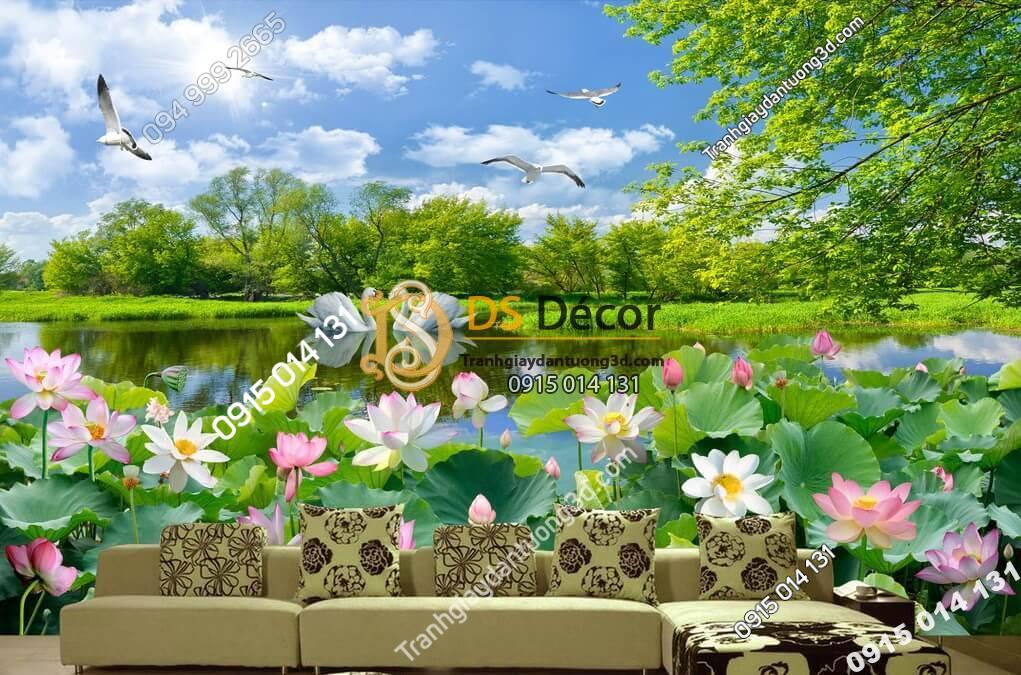 Tranh dán tường phong cảnh ao sen - 5D012