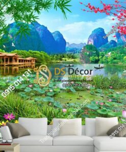 Tranh dán tường phong cảnh sơn thủy ao sen 5D009