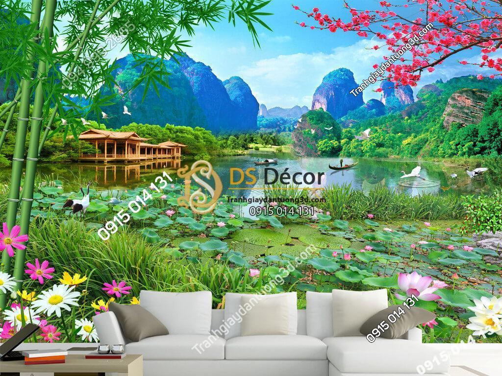 Tranh dán tường phong cảnh sơn thủy ao sen 5D009
