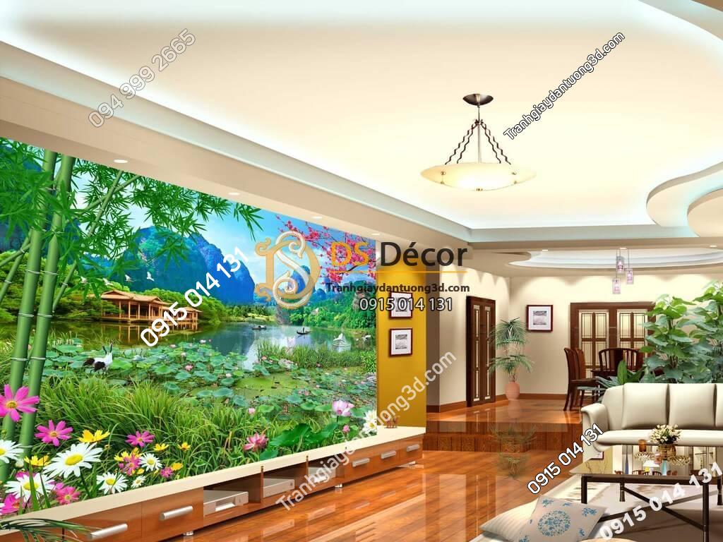 Tranh dán tường phong cảnh sơn thủy ao sen 5D009