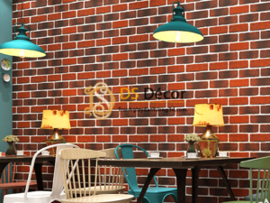 Giấy dán tường giả gạch cháy đỏ đen 3D302 quán cafe trà sữa