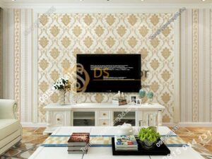 Giấy dán tường tân cổ điển 3D300 màu vàng nhạt phòng khách