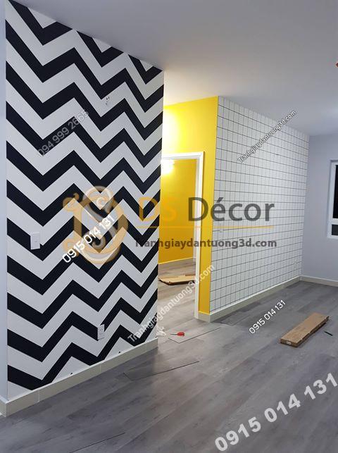 Kết hợp 2 mẫu giấy dán tường trắng đen cho cửa hàng điện thoại