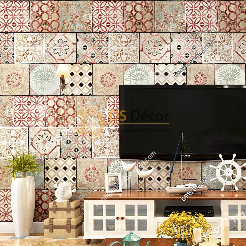 Giấy dán tường giả gạch bông 3D303 màu đỏ nâu trang trí phòng khách