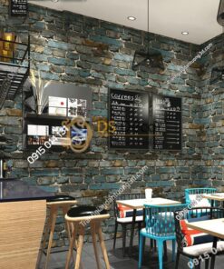 Giấy dán tường giả gạch màu xanh đen 3D304 quán cafe