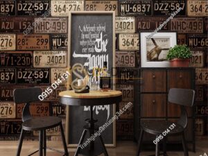 Giấy dán tường họa tiết biển số xe cho quán cafe trà sữa 3D307 màu nâu nhạt