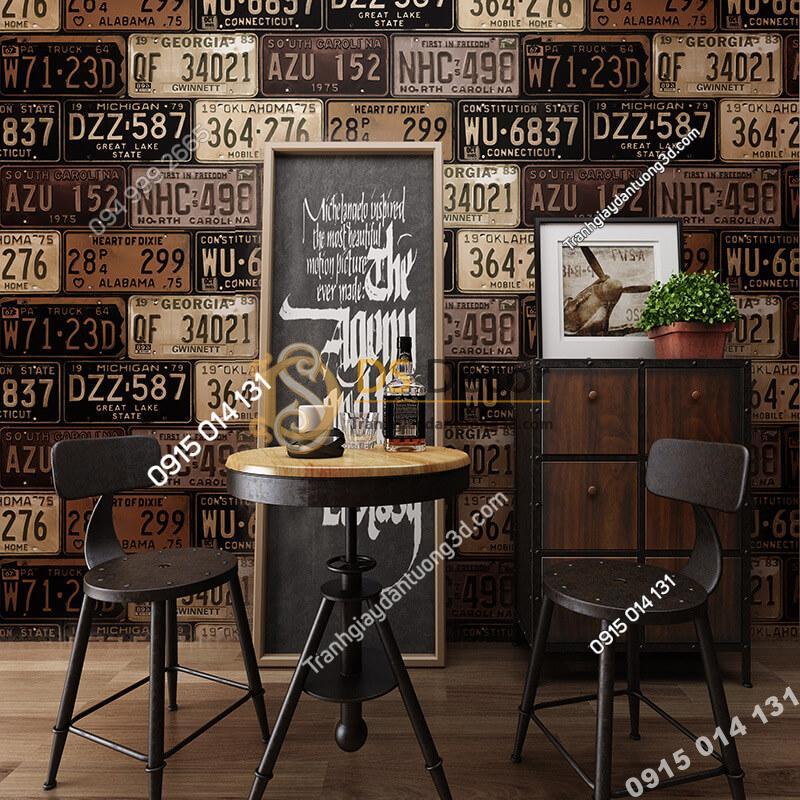 Giấy dán tường họa tiết biển số xe cho quán cafe trà sữa 3D307 màu nâu nhạt