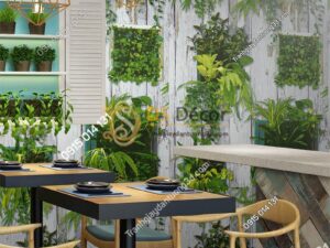 Giấy dán tường lá cây trên nền gỗ mục 3D311 quán cafe