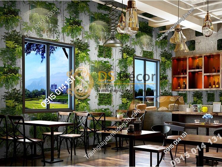 Giấy dán tường lá cây trên nền gỗ mục 3D311 quán trà sữa