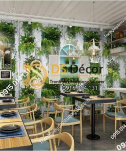 Giấy dán tường lá cây trên nền gỗ mục 3D311 quán ăn