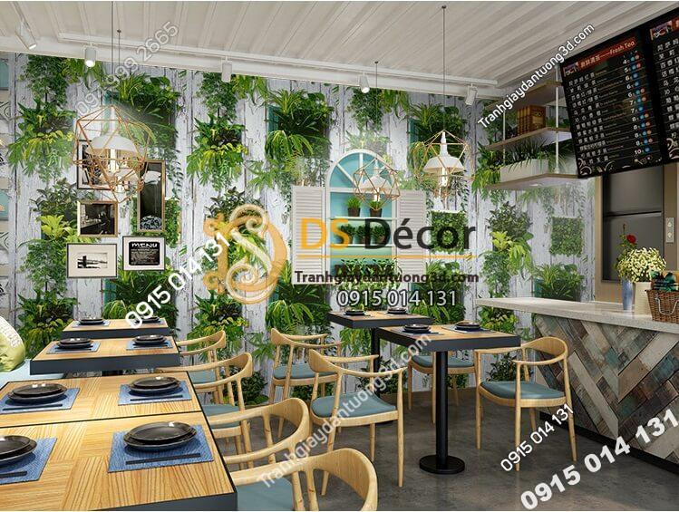 Giấy dán tường lá cây trên nền gỗ mục 3D311 quán ăn